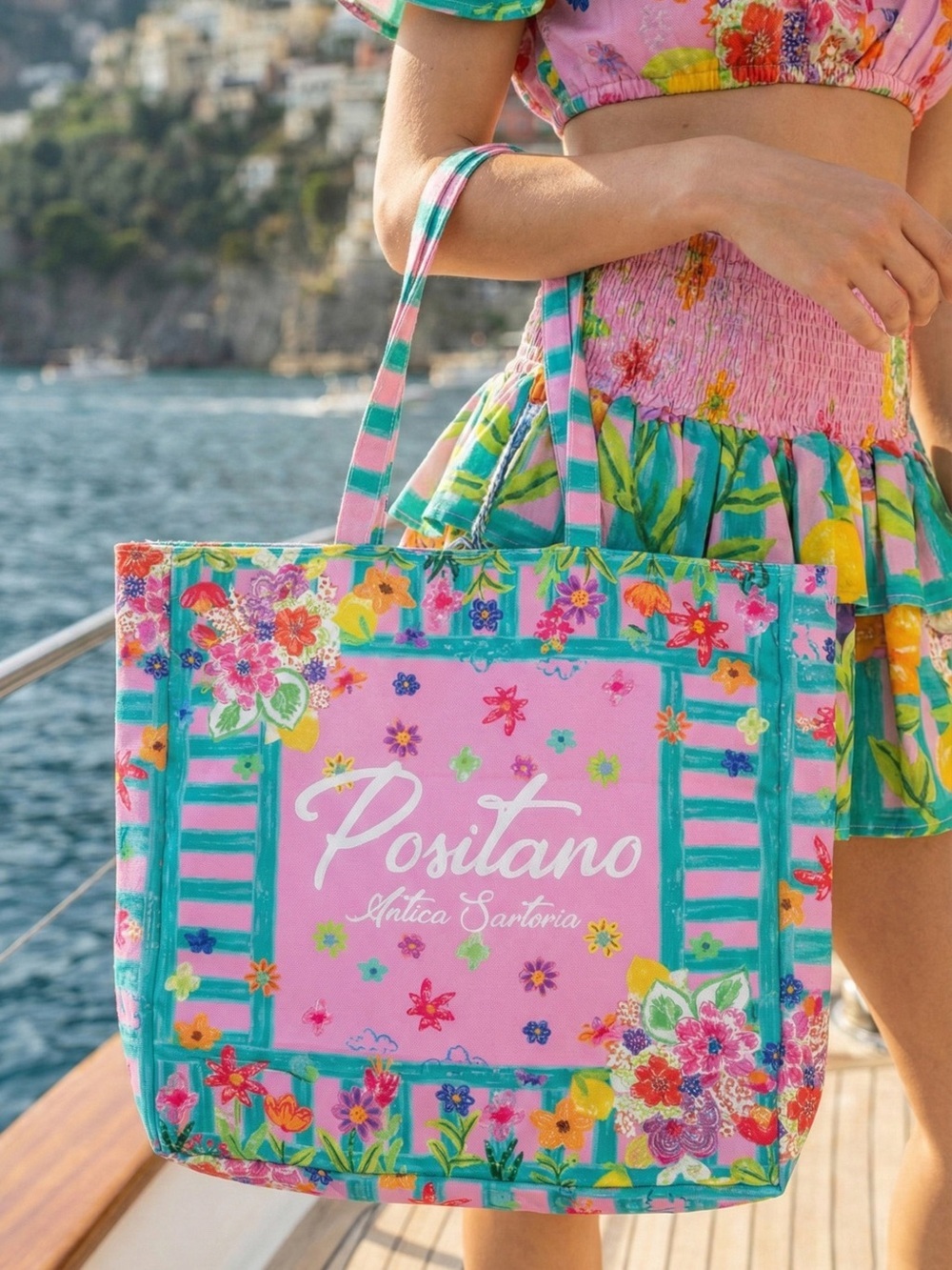 Antica sartoria 2026 Positano pink Aqua Flower power Beach Tote Bag NWT